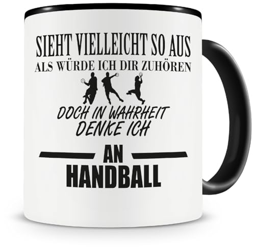 Samunshi® Ich denke an Handball Tasse Kaffeetasse Teetasse Kaffeepott Kaffeebecher Becher H:95mm/D:82mm schwarz von Samunshi