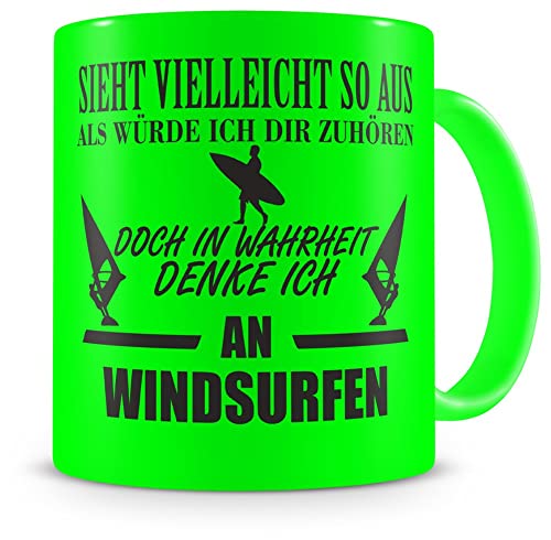 Samunshi® Ich denke an Windsurfen Tasse Kaffeetasse Teetasse Kaffeepott Kaffeebecher Becher H:95mm/D:82mm neon grün von Samunshi