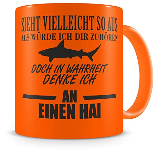 Samunshi® Ich denke an einen Hai Tasse Kaffeetasse Teetasse Kaffeepott Kaffeebecher Becher H:95mm/D:82mm neon orange von Samunshi