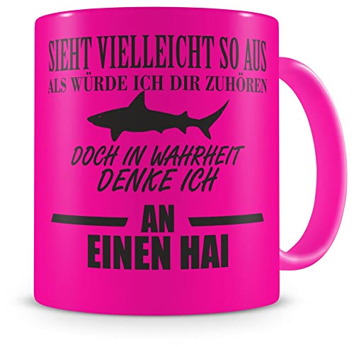 Samunshi® Ich denke an einen Hai Tasse Kaffeetasse Teetasse Kaffeepott Kaffeebecher Becher H:95mm/D:82mm neon pink von Samunshi