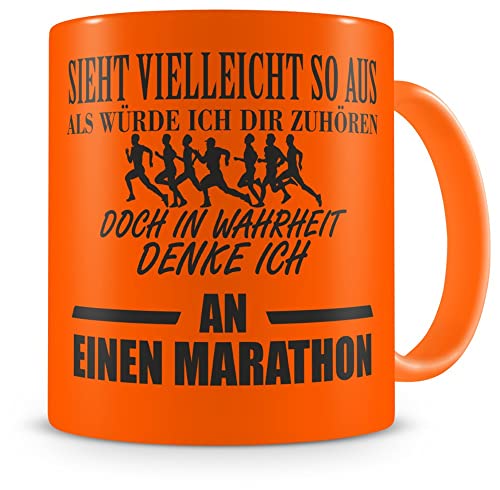 Samunshi® Ich denke an einen Marathon Tasse Kaffeetasse Teetasse Kaffeepott Kaffeebecher Becher H:95mm/D:82mm neon orange von Samunshi