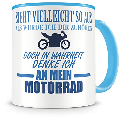 Samunshi® Ich denke an mein Motorrad Rennmotorrad Tasse Kaffeetasse Teetasse Kaffeepott Kaffeebecher Becher Rennmotorrad 300ml hellblau/hellblau von Samunshi