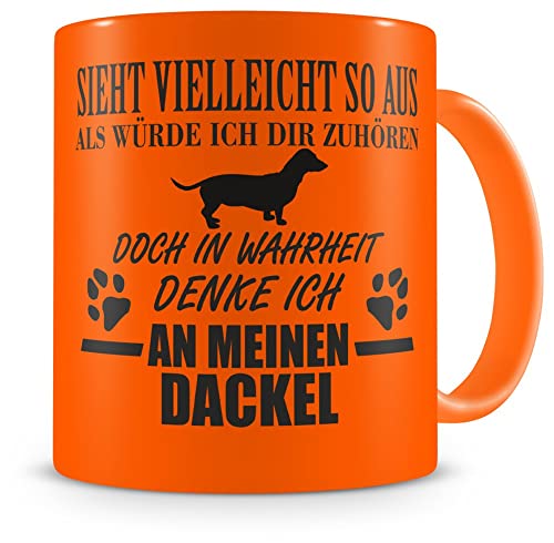 Samunshi® Ich denke an meinen Dackel Tasse Kaffeetasse Teetasse Kaffeepott Kaffeebecher Becher H:95mm/D:82mm neon orange von Samunshi