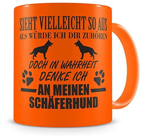 Samunshi® Ich denke an meinen Schäferhund Tasse Kaffeetasse Teetasse Kaffeepott Kaffeebecher Becher H:95mm/D:82mm neon orange von Samunshi