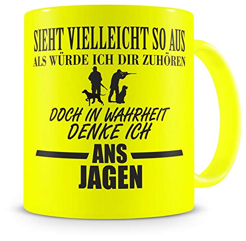 Samunshi® Jagen Tasse mit Spruch Geschenk für Mann Frau Oma oder Opa Kaffeetasse groß Lustige Tassen zum Geburtstag neon gelb 300ml von Samunshi