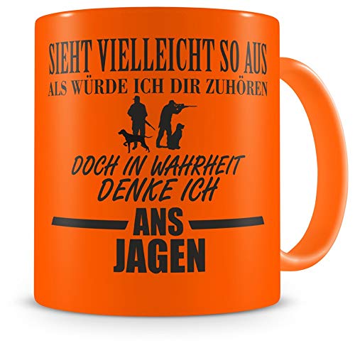 Samunshi® Jagen Tasse mit Spruch Geschenk für Mann Frau Oma oder Opa Kaffeetasse groß Lustige Tassen zum Geburtstag neon orange 300ml von Samunshi