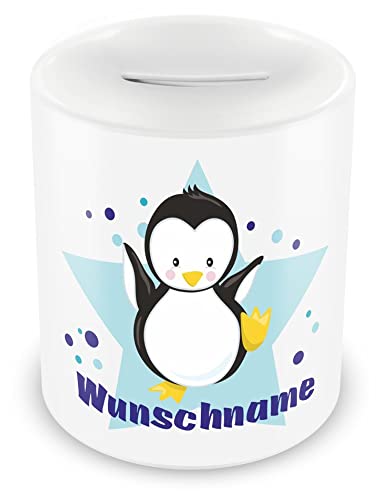 Samunshi® Kinder Spardose mit Namen und Baby Pinguin als Motiv für Kinder - Jungen und Mädchen Sparschwein von Samunshi