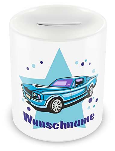 Samunshi® Kinder Spardose mit Namen und blauem Auto als Motiv für Kinder - Jungen und Mädchen Sparschwein von Samunshi