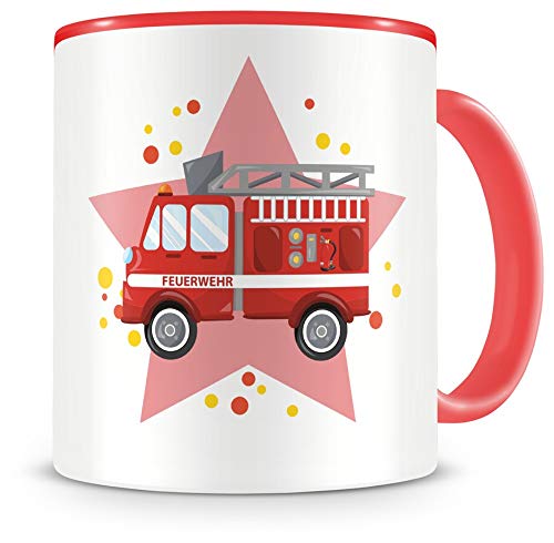 Samunshi® Kinder-Tasse mit Feuerwehr Auto als Motiv Bild Kaffeetasse Teetasse Becher Kakaotasse rot von Samunshi