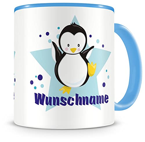 Samunshi® Kindertasse mit Namen Tasse Baby Pinguin Personalisierte Tasse mit Namen Kinder Kinderbecher mit Namen Kindergarten blau 300ml von Samunshi