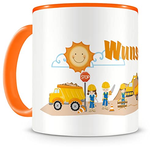 Samunshi® Kindertasse mit Namen Tasse Baustelle Personalisierte Tasse mit Namen Kinder Kinderbecher mit Namen Kindergarten orange 300ml von Samunshi