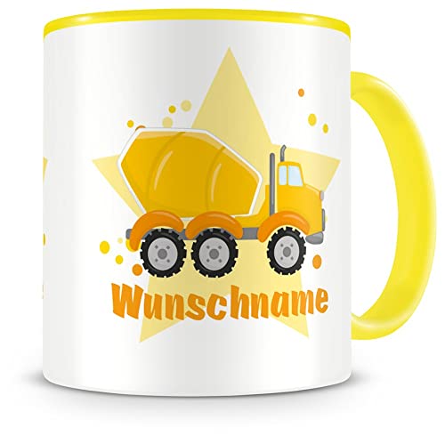 Samunshi® Kindertasse mit Namen Tasse Betonmischer Personalisierte Tasse mit Namen Kinder Kinderbecher mit Namen Kindergarten gelb 300ml von Samunshi