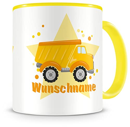 Samunshi® Kindertasse mit Namen Tasse Cooler LKW Personalisierte Tasse mit Namen Kinder Kinderbecher mit Namen Kindergarten gelb 300ml von Samunshi