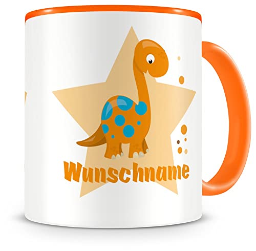 Samunshi® Kindertasse mit Namen Tasse Dino Langhals Personalisierte Tasse mit Namen Kinder Kinderbecher mit Namen Kindergarten orange 300ml von Samunshi