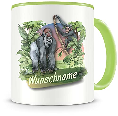 Samunshi® Kindertasse mit Namen Tasse Gorilla und Chimpanse Personalisierte Tasse mit Namen Kinder Kinderbecher mit Namen Kindergarten grün 300ml von Samunshi