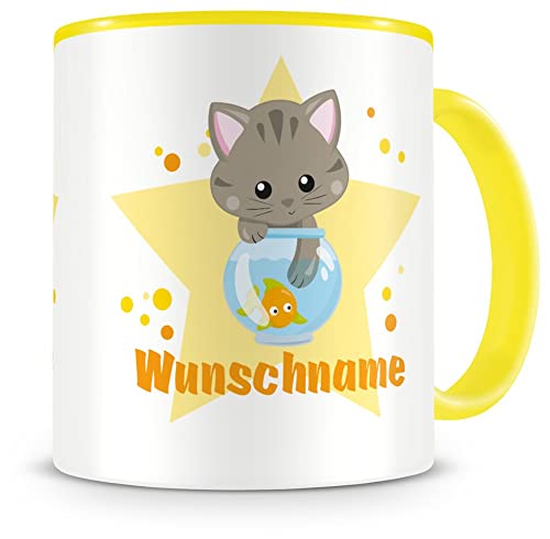 Samunshi® Kindertasse mit Namen Tasse Katze & Fisch Personalisierte Tasse mit Namen Kinder Kinderbecher mit Namen Kindergarten gelb 300ml von Samunshi