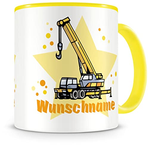 Samunshi® Kindertasse mit Namen Tasse Kran LKW Personalisierte Tasse mit Namen Kinder Kinderbecher mit Namen Kindergarten gelb 300ml von Samunshi