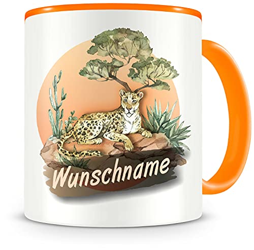 Samunshi® Kindertasse mit Namen Tasse Leopard Personalisierte Tasse mit Namen Kinder Kinderbecher mit Namen Kindergarten orange 300ml von Samunshi