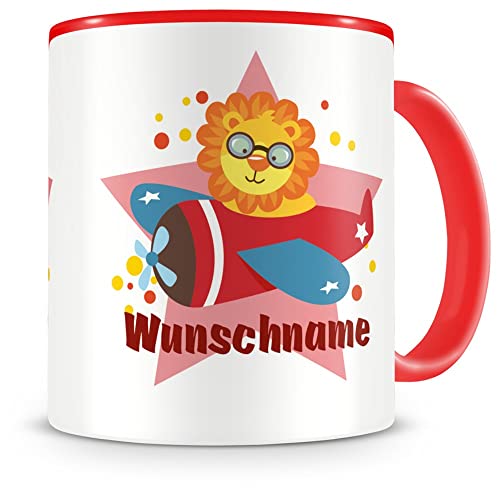 Samunshi® Kindertasse mit Namen Tasse Löwe in Flugzeug Personalisierte Tasse mit Namen Kinder Kinderbecher mit Namen Kindergarten rot 300ml von Samunshi