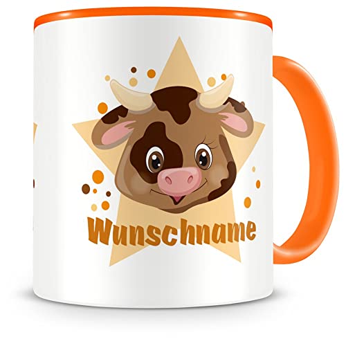 Samunshi® Kindertasse mit Namen Tasse Lustige Kuh Personalisierte Tasse mit Namen Kinder Kinderbecher mit Namen Kindergarten orange 300ml von Samunshi