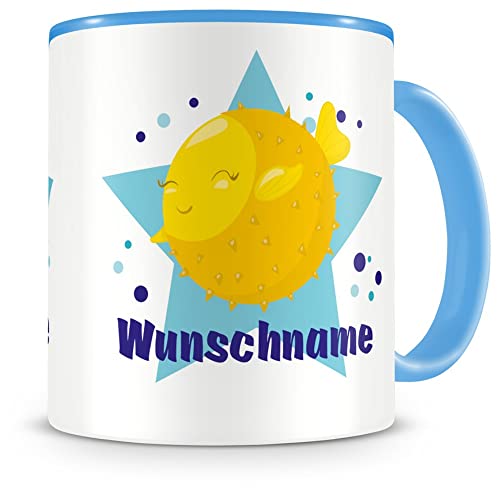 Samunshi® Kindertasse mit Namen Tasse Lustiger Kugelfisch Personalisierte Tasse mit Namen Kinder Kinderbecher mit Namen Kindergarten blau 300ml von Samunshi