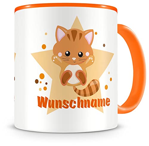 Samunshi® Kindertasse mit Namen Tasse Mietze Katze Personalisierte Tasse mit Namen Kinder Kinderbecher mit Namen Kindergarten orange 300ml von Samunshi