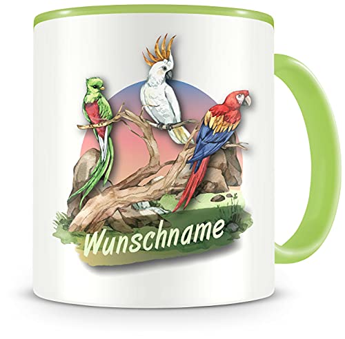 Samunshi® Kindertasse mit Namen Tasse Papagei und bunte Vögel Personalisierte Tasse mit Namen Kinder Kinderbecher mit Namen Kindergarten grün 300ml von Samunshi