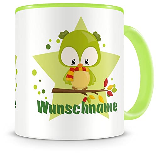 Samunshi® Kindertasse mit Namen Tasse Süßer Herbst Vogel Personalisierte Tasse mit Namen Kinder Kinderbecher mit Namen Kindergarten grün 300ml von Samunshi