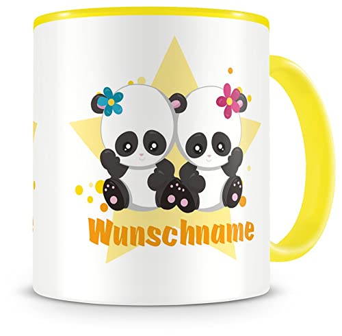 Samunshi® Kindertasse mit Namen Tasse Zwei Pandas Personalisierte Tasse mit Namen Kinder Kinderbecher mit Namen Kindergarten gelb 300ml von Samunshi