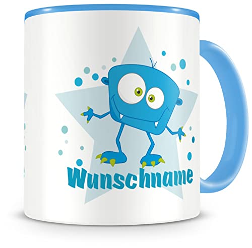 Samunshi® Kindertasse mit Namen Tasse blaues Monster Personalisierte Tasse mit Namen Kinder Kinderbecher mit Namen Kindergarten blau 300ml von Samunshi