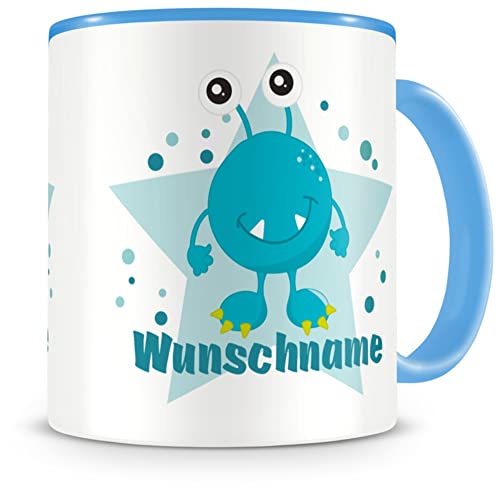 Samunshi® Kindertasse mit Namen Tasse lustiges Monster Personalisierte Tasse mit Namen Kinder Kinderbecher mit Namen Kindergarten blau 300ml von Samunshi