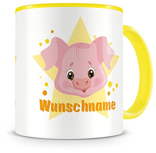 Samunshi® Kindertasse mit Namen Tasse lustiges Schwein Personalisierte Tasse mit Namen Kinder Kinderbecher mit Namen Kindergarten gelb 300ml von Samunshi