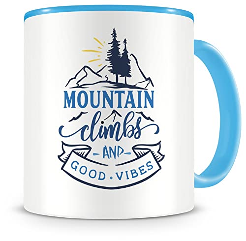 Samunshi® Mountain Climbs And Good Vibes Tasse Camping Geschenk Kaffeetasse Teetasse Kaffeepott Kaffeebecher Becher Mountain Climbs And Good Vibes 300ml hellblau/hellblau von Samunshi