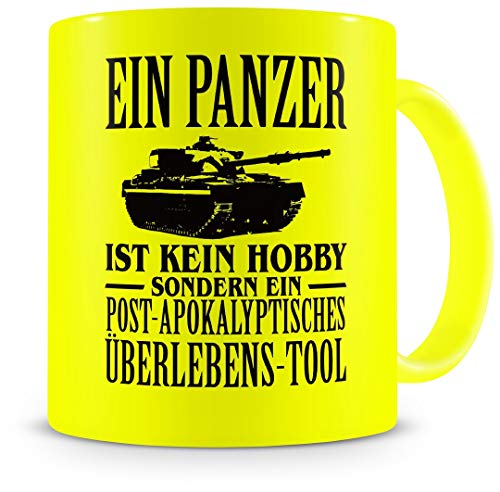 Samunshi® Panzer Tasse mit Spruch Hobby Geschenk für Mann Frau Oma oder Opa Kaffeetasse groß Lustige Tassen zum Geburtstag neon gelb 300ml von Samunshi