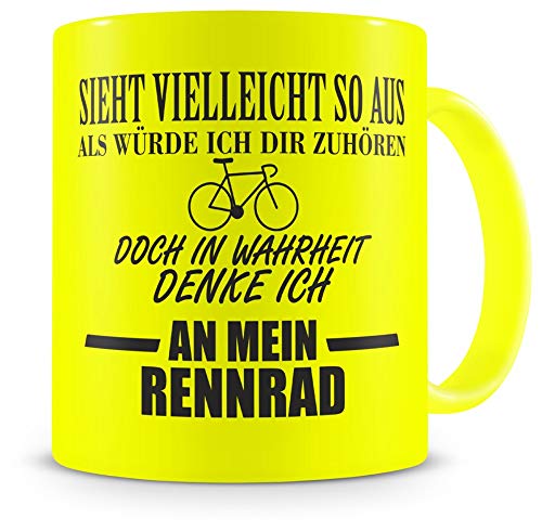 Samunshi® Rennrad Tasse mit Spruch Geschenk für Mann Frau Oma oder Opa Kaffeetasse groß Lustige Tassen zum Geburtstagneon gelb 300ml von Samunshi