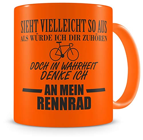 Samunshi® Rennrad Tasse mit Spruch Geschenk für Mann Frau Oma oder Opa Kaffeetasse groß Lustige Tassen zum Geburtstagneon orange 300ml von Samunshi