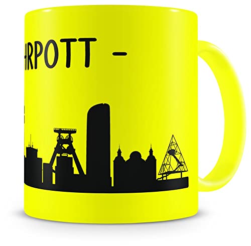 Samunshi® Ruhrpott Skyline Tasse Kaffeetasse Teetasse Kaffeepott Kaffeebecher Becher H:95mm/D:82mm neon gelb von Samunshi