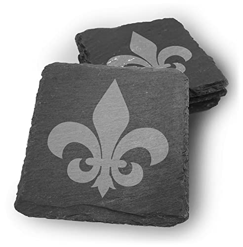 Samunshi® Schiefer Untersetzer Fleur de Lis Gravur für Gläser - 4er Set Design Glasuntersetzer in dunkelgrau für Getränke, Tassen, Glas - Getränke von Samunshi