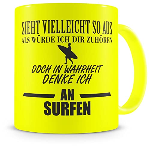 Samunshi® Surfer Tasse Surf mit Spruch Surfen Geschenk Surfer Kaffeetasse groß Lustige Tassen zum Geburtstag witzige Teetasse neon gelb von Samunshi