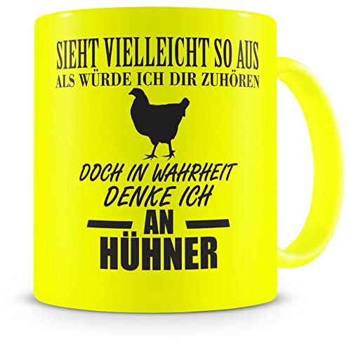 Samunshi® Tasse mit Hühner Spruch - Keramik Huhn Henne Geschenk für Mann Frau Oma oder Opa Kaffeetasse groß Lustige Tassen zum Geburtstag witzige Teetasse XX H:95mm/D:82mm neon gelb von Samunshi