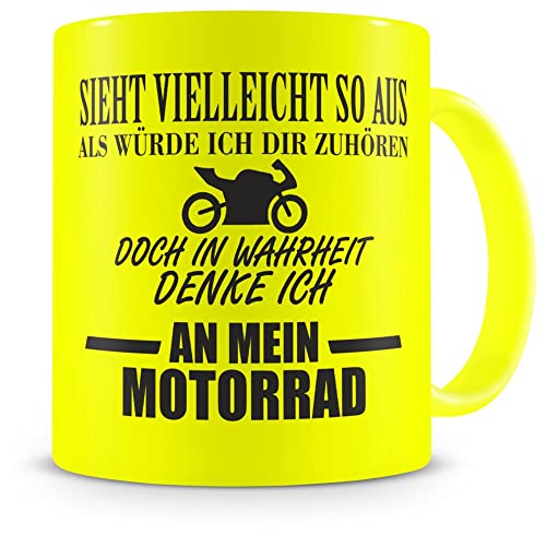 Samunshi® Tasse mit Spruch Ich denke an mein Motorrad Geschenk für Männer Kaffeebecher Kaffeepott neon gelb von Samunshi