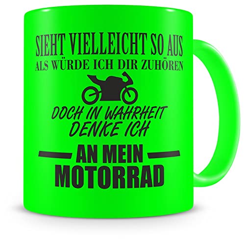 Samunshi® Tasse mit Spruch Ich denke an mein Motorrad Geschenk für Männer Kaffeebecher Kaffeepott neon grün von Samunshi