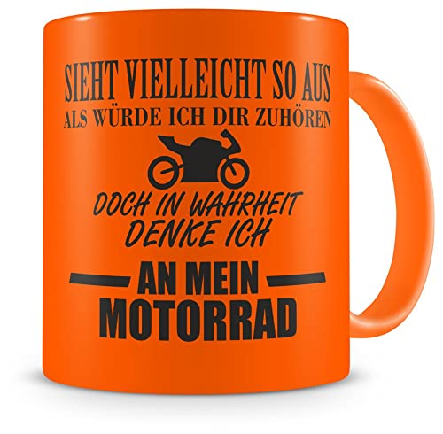 Samunshi® Tasse mit Spruch Ich denke an mein Motorrad Geschenk für Männer Kaffeebecher Kaffeepott neon orange von Samunshi