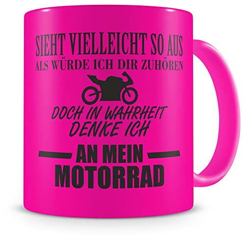 Samunshi® Tasse mit Spruch Ich denke an mein Motorrad Geschenk für Männer Kaffeebecher Kaffeepott neon pink von Samunshi