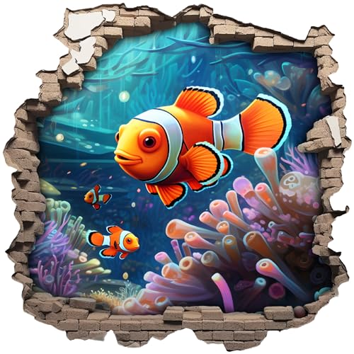 Samunshi Wandtattoo Wandriss mit Clownfisch Fenster in andere Welt Portal Schiffsfenster Kinderzimmer Wandaufkleber (50x50cm Clownfisch) von Samunshi