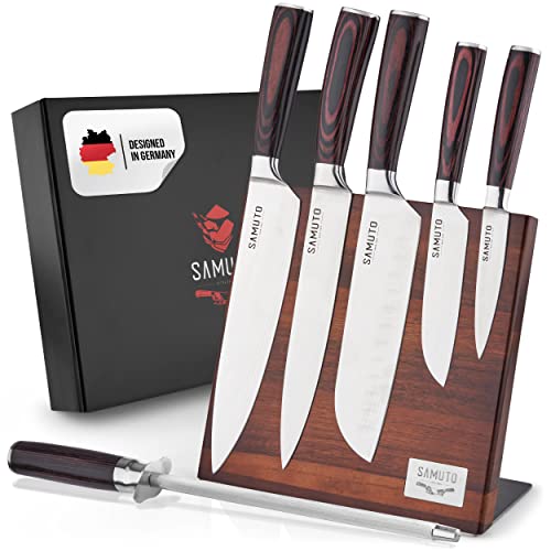 Samuto Messer Set | 5 Asiatische Edelstahl Messer mit Schärfer & magnetischer Messerblock | Kochmesser mit ergonomischem Pakkaholzgriff inkl. Geschenkbox | Perfektes Küchenzubehör |Designed in Germany von Samuto