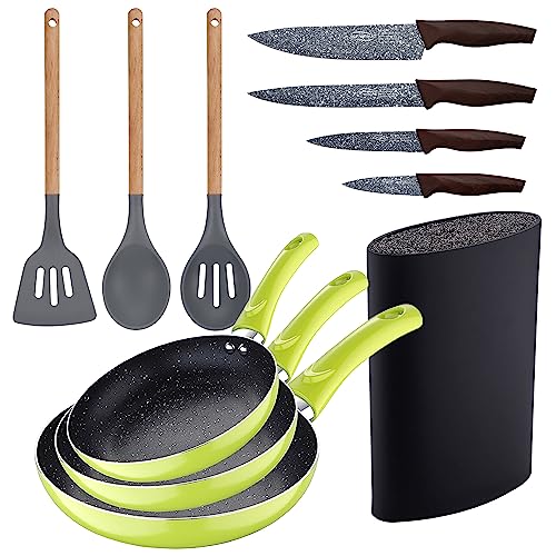 3-teiliges Pfannen-Set (20 + 24 + 28 cm) grun gepresstes Aluminium mit 3 Stuck Kuchenutensilien Silikon Holz mit 4 Messern Edelstahl mit Tacom von San Ignacio