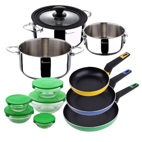 Kochgeschirr-Set aus Edelstahl + 3 Pfannen Ø18Ø22Ø26cm aus gepresstem Aluminium + 5 Glasschalen mit Deckel San Ignacio von San Ignacio