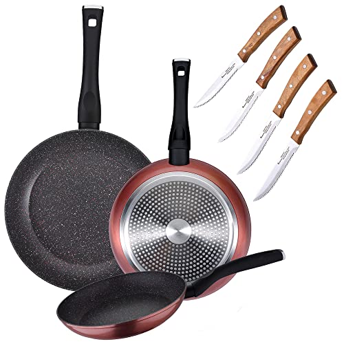 PACKUNG MIT 3 PFANNEN Ø20/24 UND 28 CM + SET MIT 4 STÜCK STEAKMESSER von San Ignacio