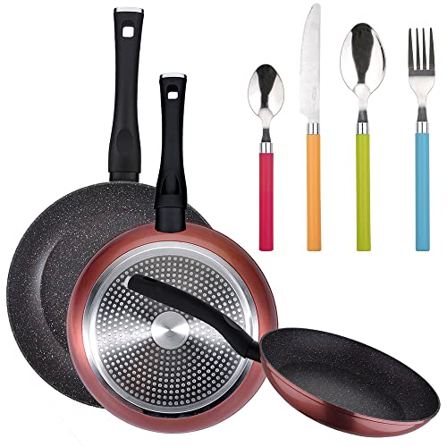 Packung mit 3 Pfannen Ø 20/24 und 28 cm + 24 Stück Besteckset aus Edelstahl mit bunten Griffen von San Ignacio